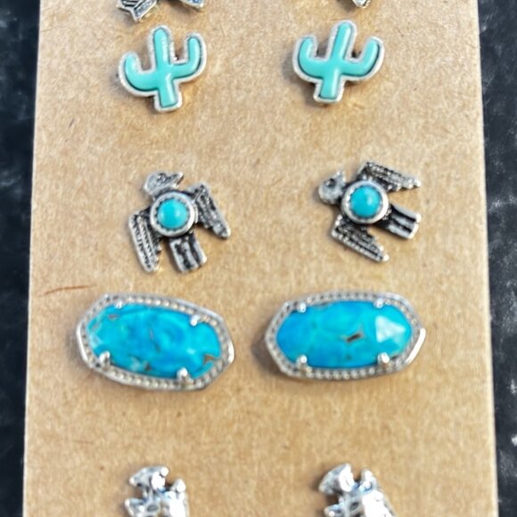 Six pairs of turquoise earrings. Large rectangle set are by Kendra Scott. - Picture 1 of 1
